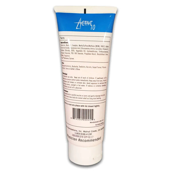 Active 10 Pain Relief and Healing Cream 4oz Tube - Natural Organic Formula for Muscle, Joint, Back, Knee Ache - Advanced Deep Muscle Support, Non-Staining Menthol - Crafted by Renowned US Chemist