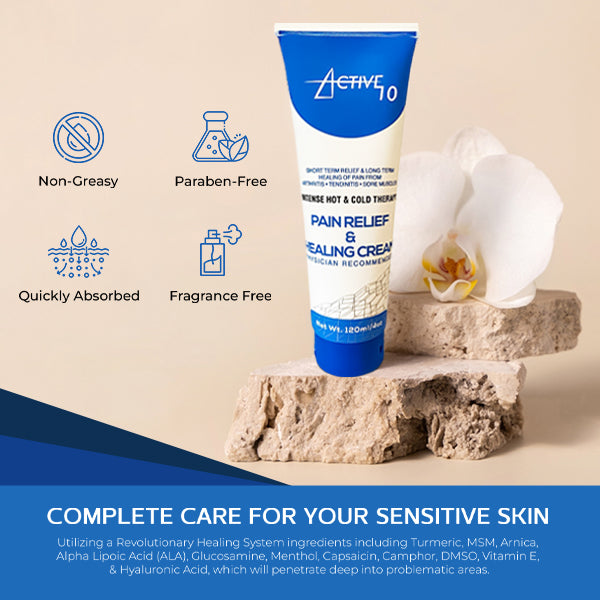 Active 10 Pain Relief and Healing Cream 4oz Tube - Natural Organic Formula for Muscle, Joint, Back, Knee Ache - Advanced Deep Muscle Support, Non-Staining Menthol - Crafted by Renowned US Chemist