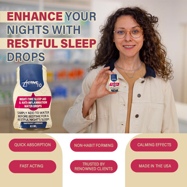 Active 10 Night Time Sleep Aid and Anti-Inflammation Water Drops, Enhancing and Soothing for Restful Nights - Cherry Juice, Natural Ingredients - 2.13 Fl Oz