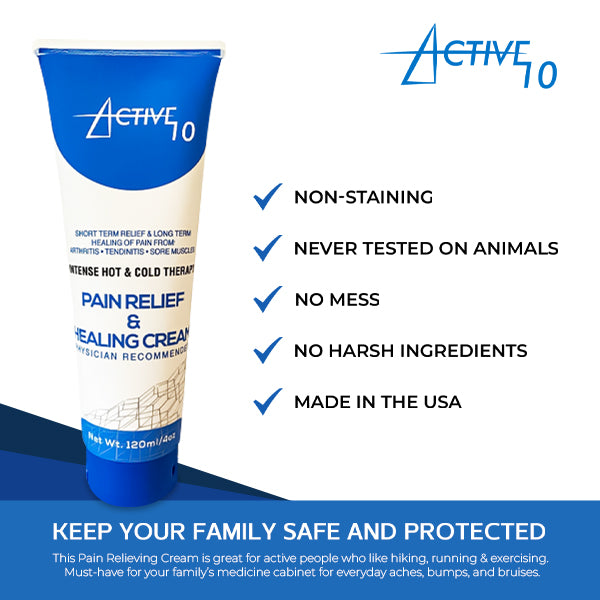Active 10 Pain Relief and Healing Cream 4oz Tube - Natural Organic Formula for Muscle, Joint, Back, Knee Ache - Advanced Deep Muscle Support, Non-Staining Menthol - Crafted by Renowned US Chemist